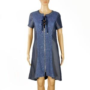 Ana Sousa Blue Chambray Denim Look Front Zip Lace-Up Detail Short Sleeve Dress